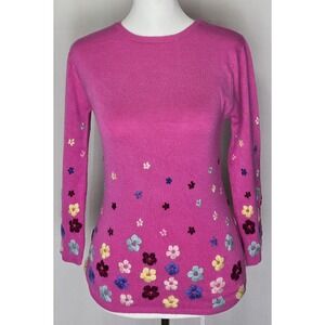 Vtg Y2K INC Womens Sz S Sweater Pink‎ Embroidery Flowers Bright Colorful Cottage